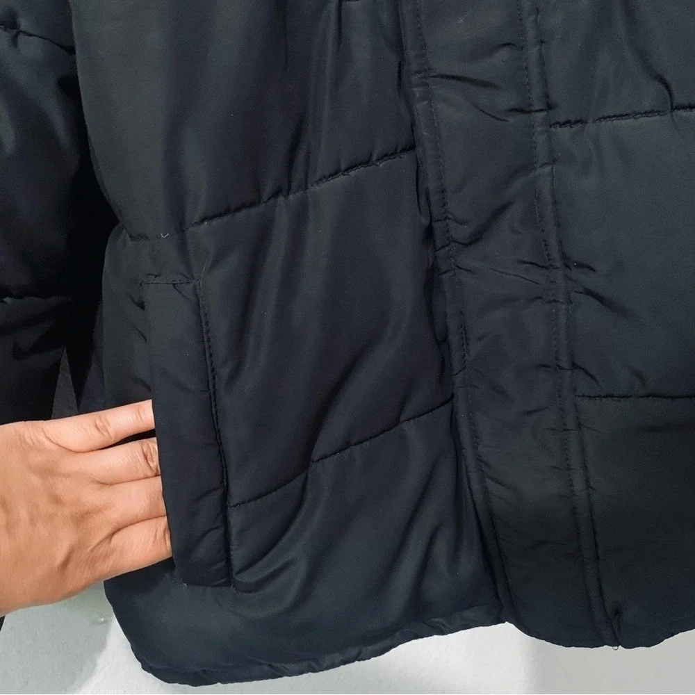 DKNY Boys Black Puffer Jacket L 14/16 Sherpa Lined Hood Logo Tape Winter Coat